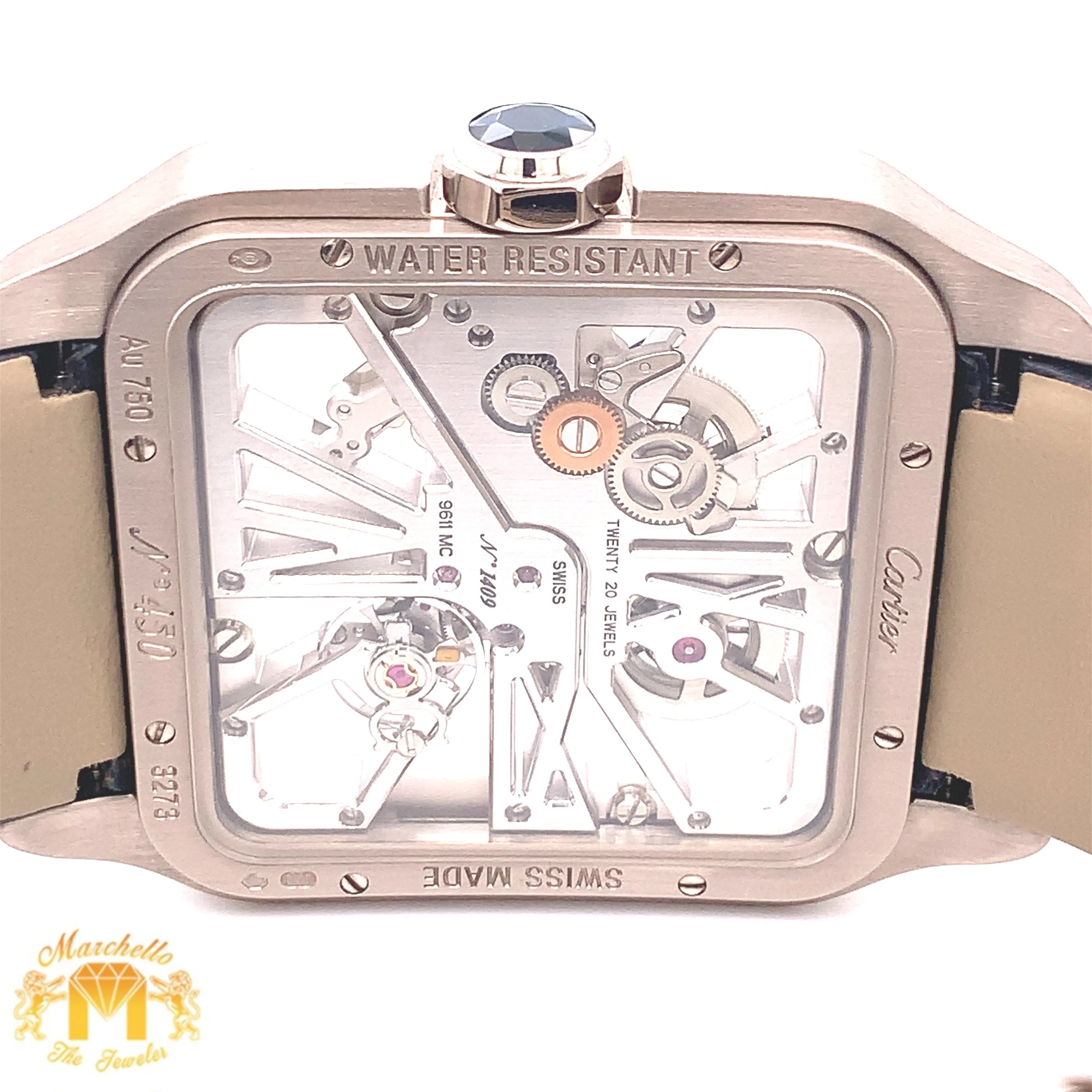 18k White Gold Mens Large Cartier Santos-Dumont Skeleton Watch with Black Leather Band