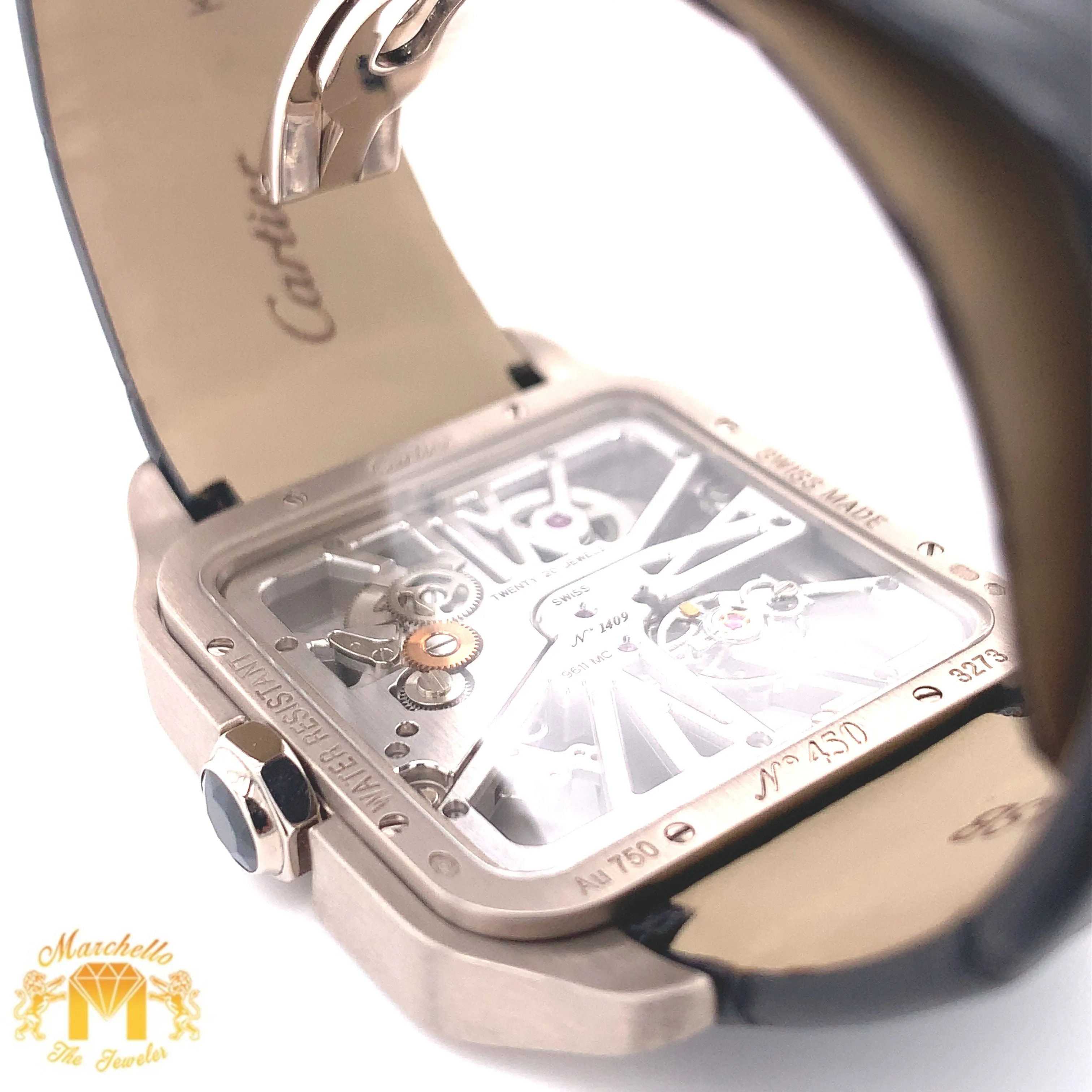 18k White Gold Mens Large Cartier Santos-Dumont Skeleton Watch with Black Leather Band