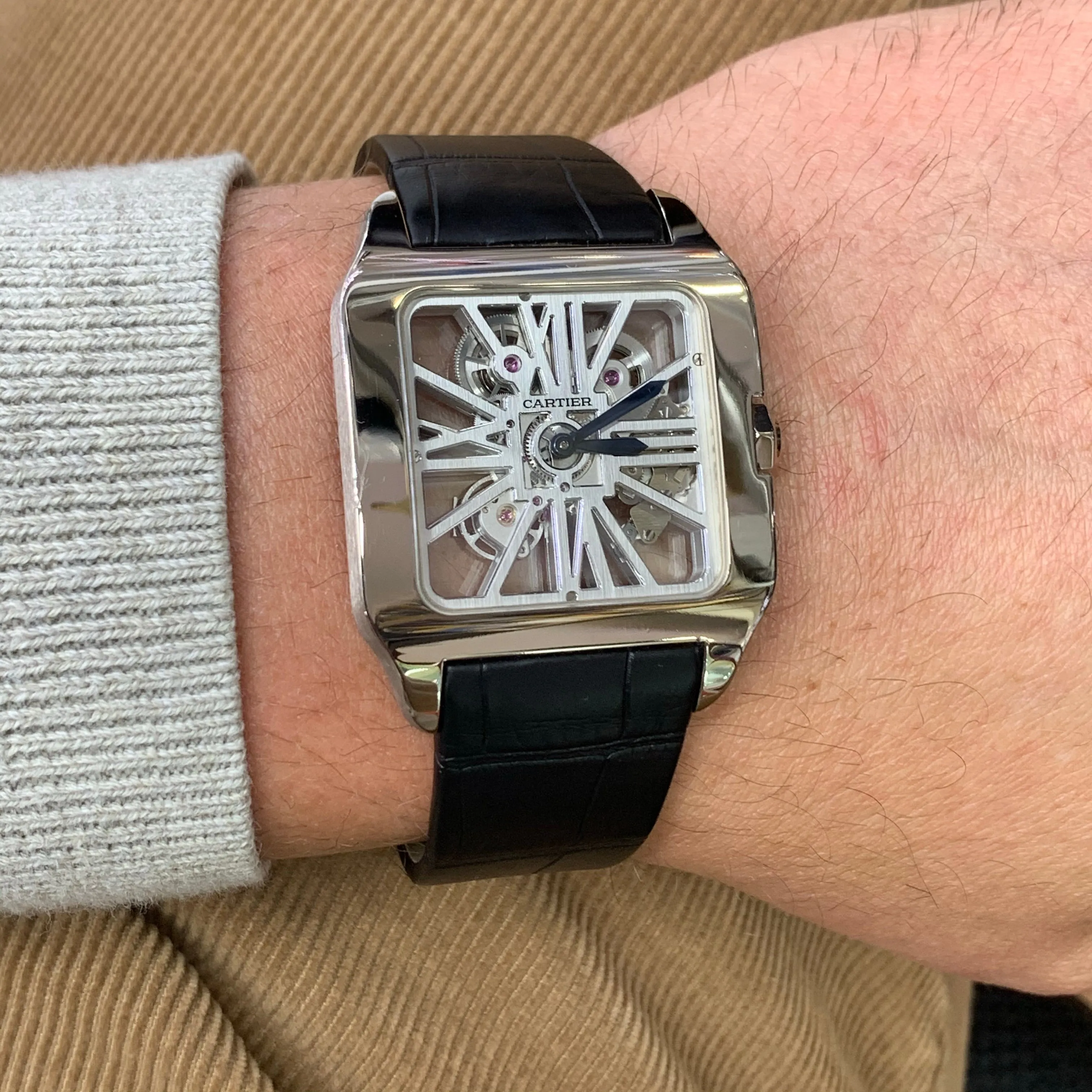 18k White Gold Mens Large Cartier Santos-Dumont Skeleton Watch with Black Leather Band