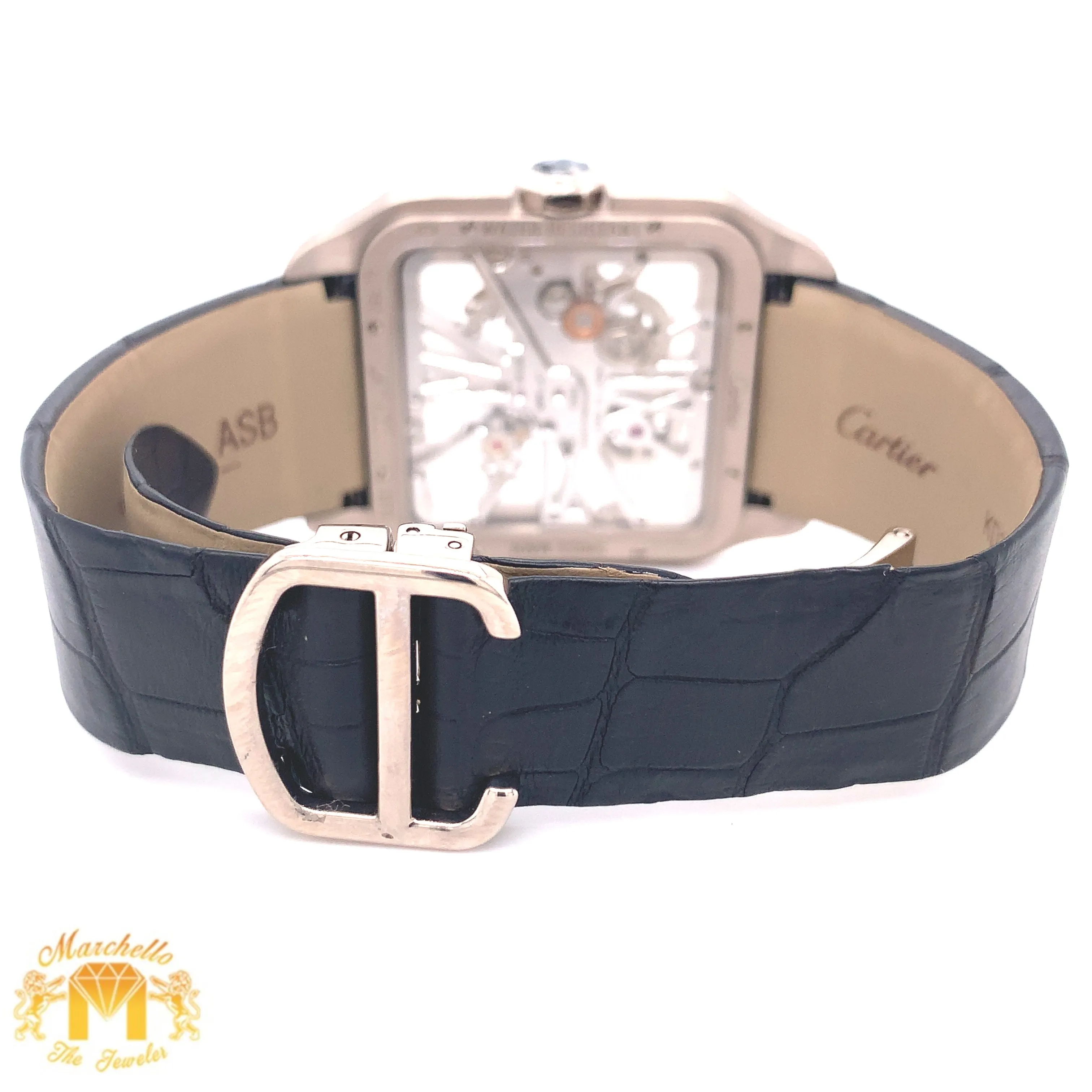 18k White Gold Mens Large Cartier Santos-Dumont Skeleton Watch with Black Leather Band