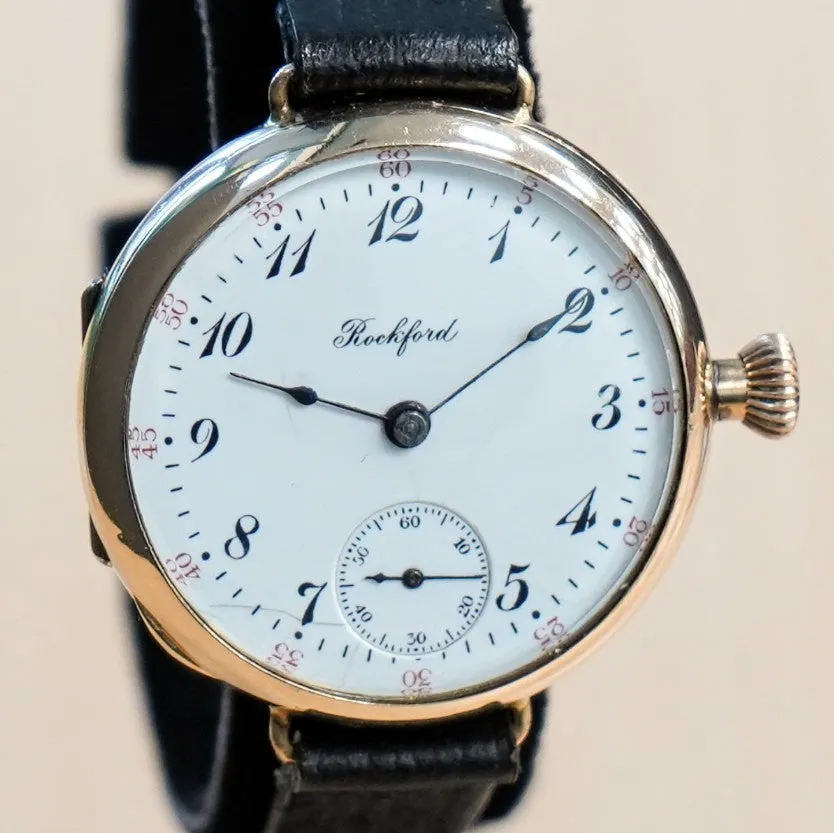 1907 ROCKFORD Trench Watch 0s Grade 180 7 Jewels 14K G.F. Case w/Diamond - RARE