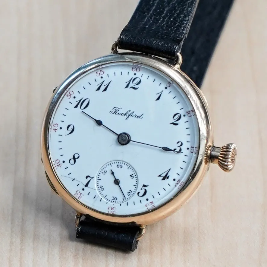 1907 ROCKFORD Trench Watch 0s Grade 180 7 Jewels 14K G.F. Case w/Diamond - RARE