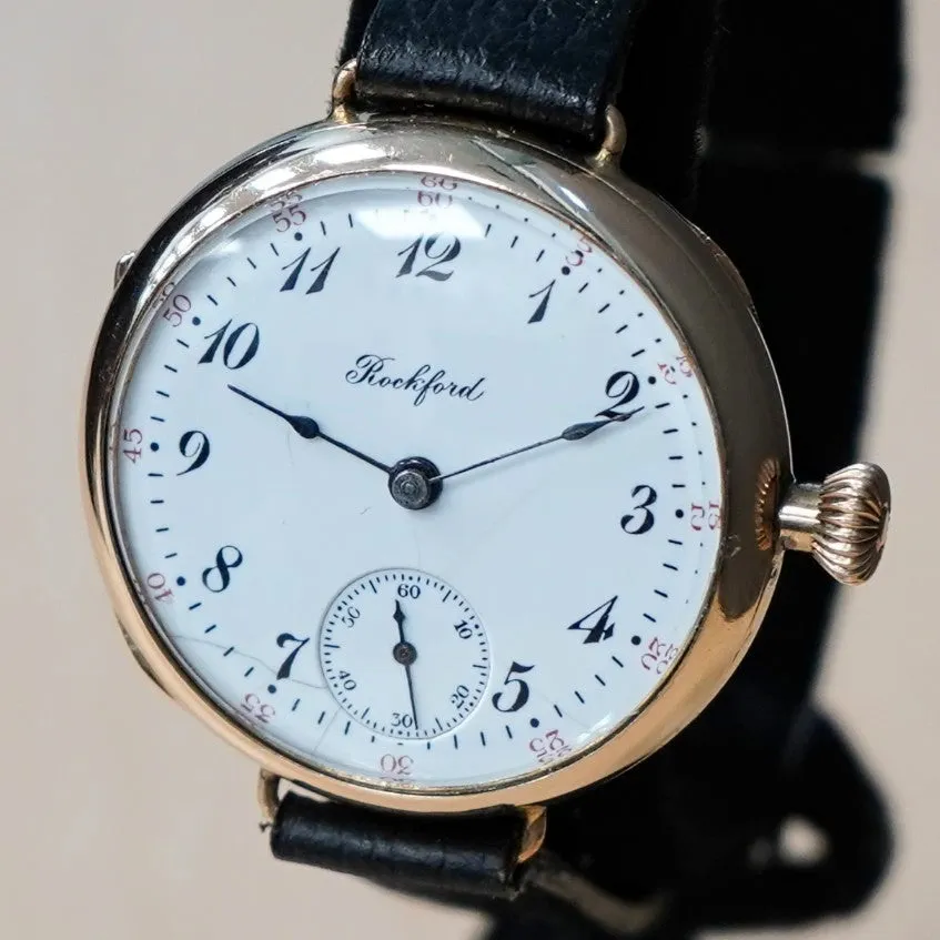 1907 ROCKFORD Trench Watch 0s Grade 180 7 Jewels 14K G.F. Case w/Diamond - RARE