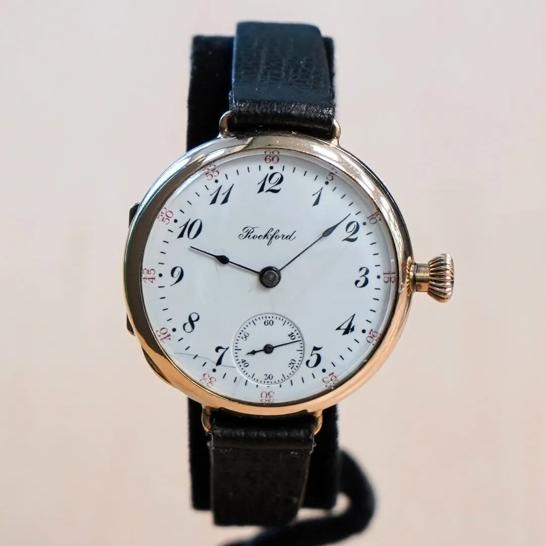 1907 ROCKFORD Trench Watch 0s Grade 180 7 Jewels 14K G.F. Case w/Diamond - RARE