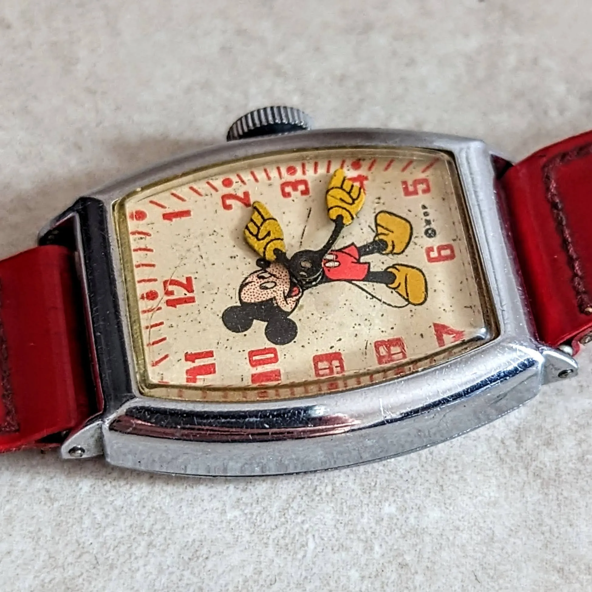 1948 MICKEY MOUSE Watch by Ingersoll – US Time Tank Case Original Red Strap
