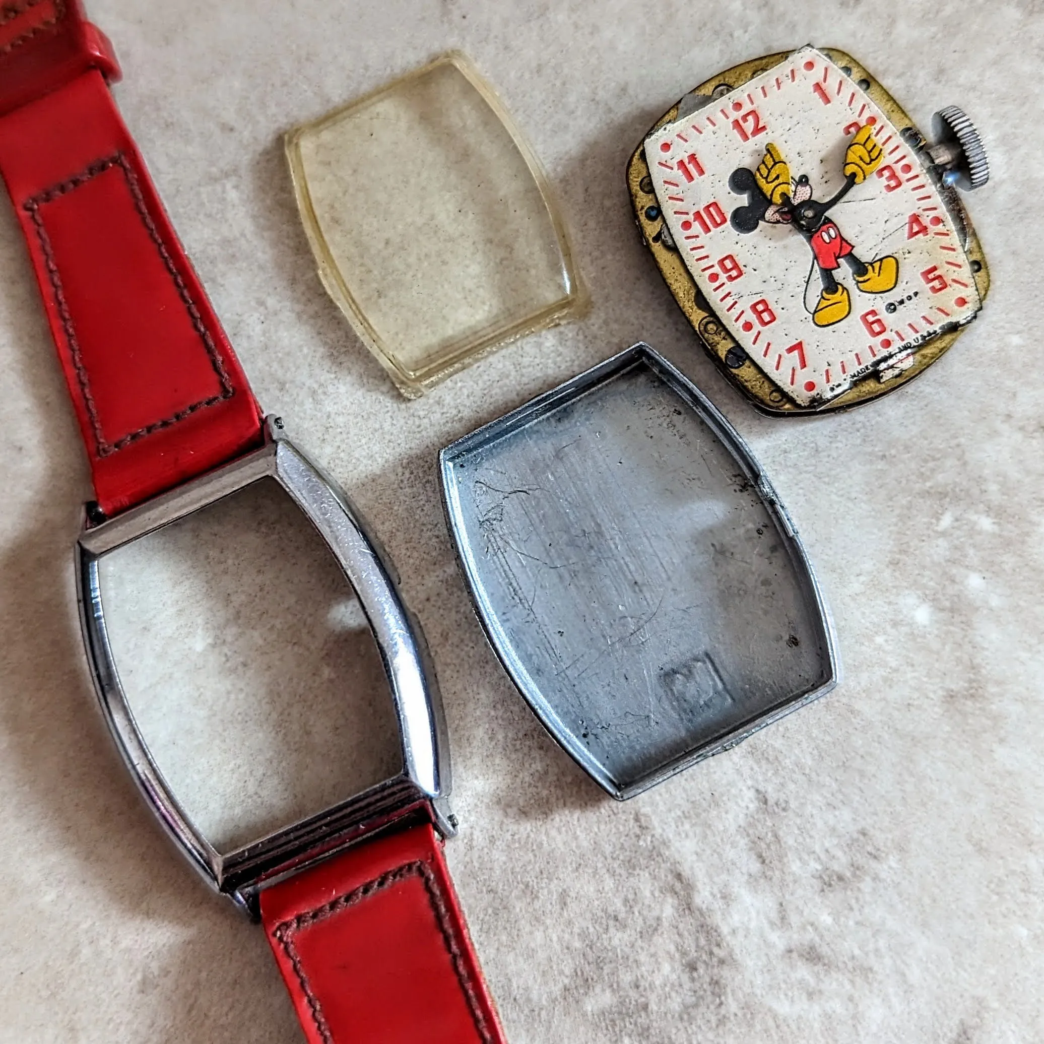 1948 MICKEY MOUSE Watch by Ingersoll – US Time Tank Case Original Red Strap