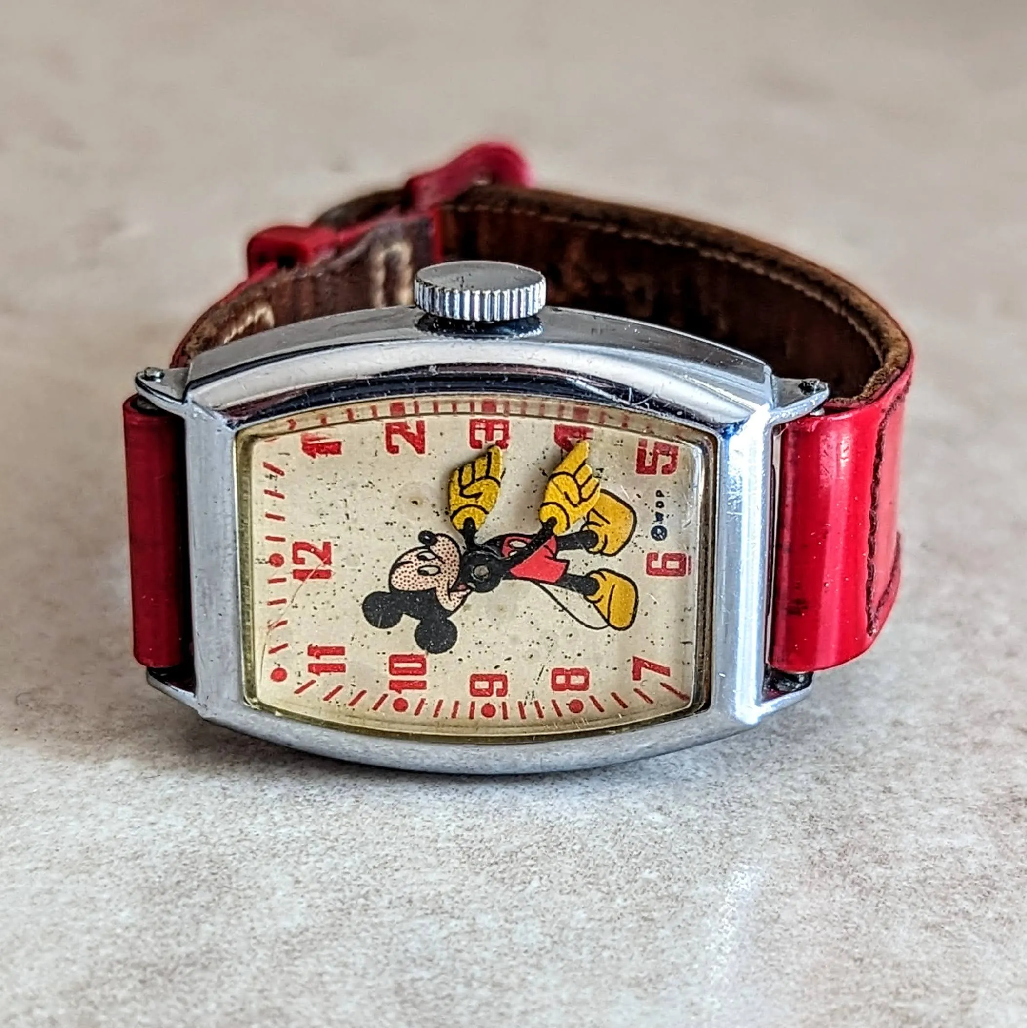 1948 MICKEY MOUSE Watch by Ingersoll – US Time Tank Case Original Red Strap