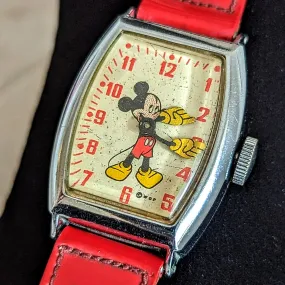 1948 MICKEY MOUSE Watch by Ingersoll – US Time Tank Case Original Red Strap