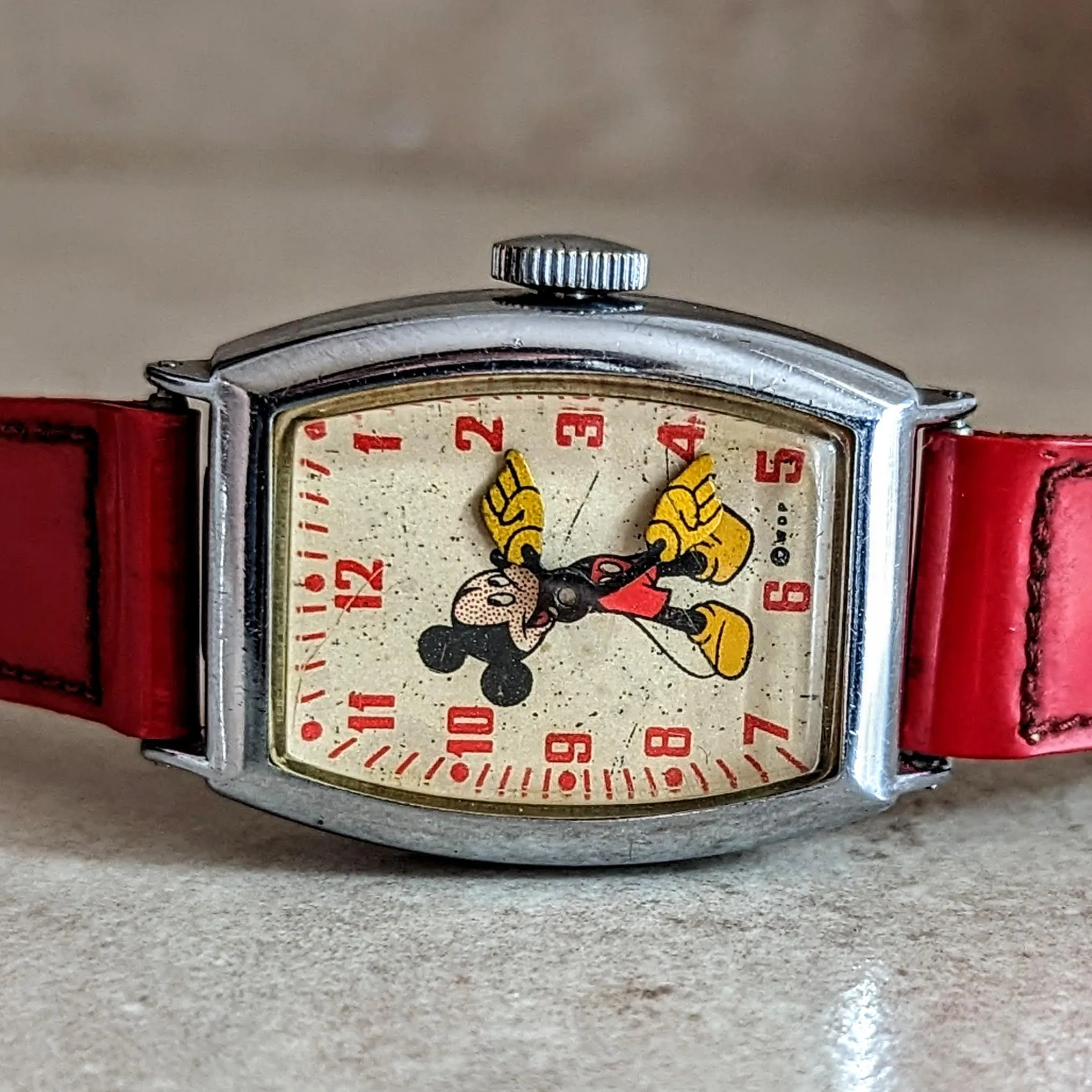 1948 MICKEY MOUSE Watch by Ingersoll – US Time Tank Case Original Red Strap