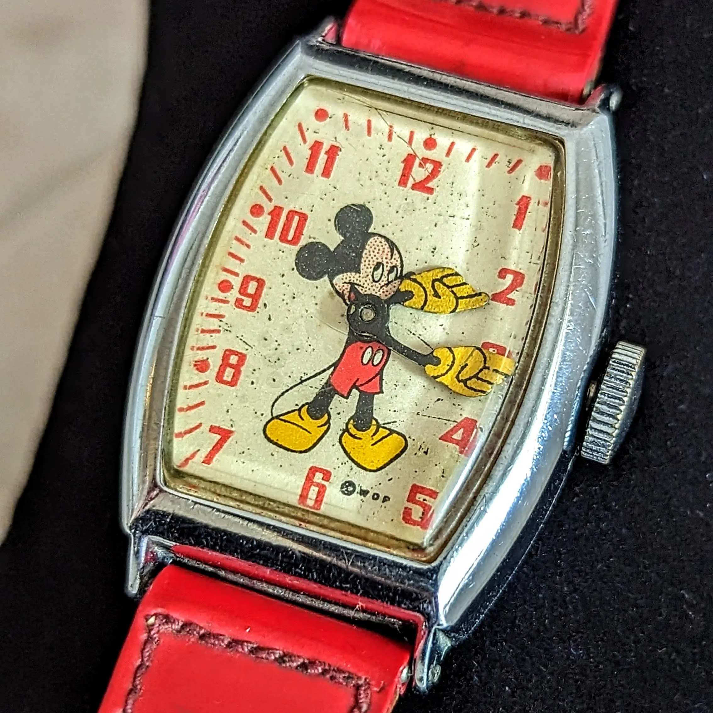 1948 MICKEY MOUSE Watch by Ingersoll – US Time Tank Case Original Red Strap