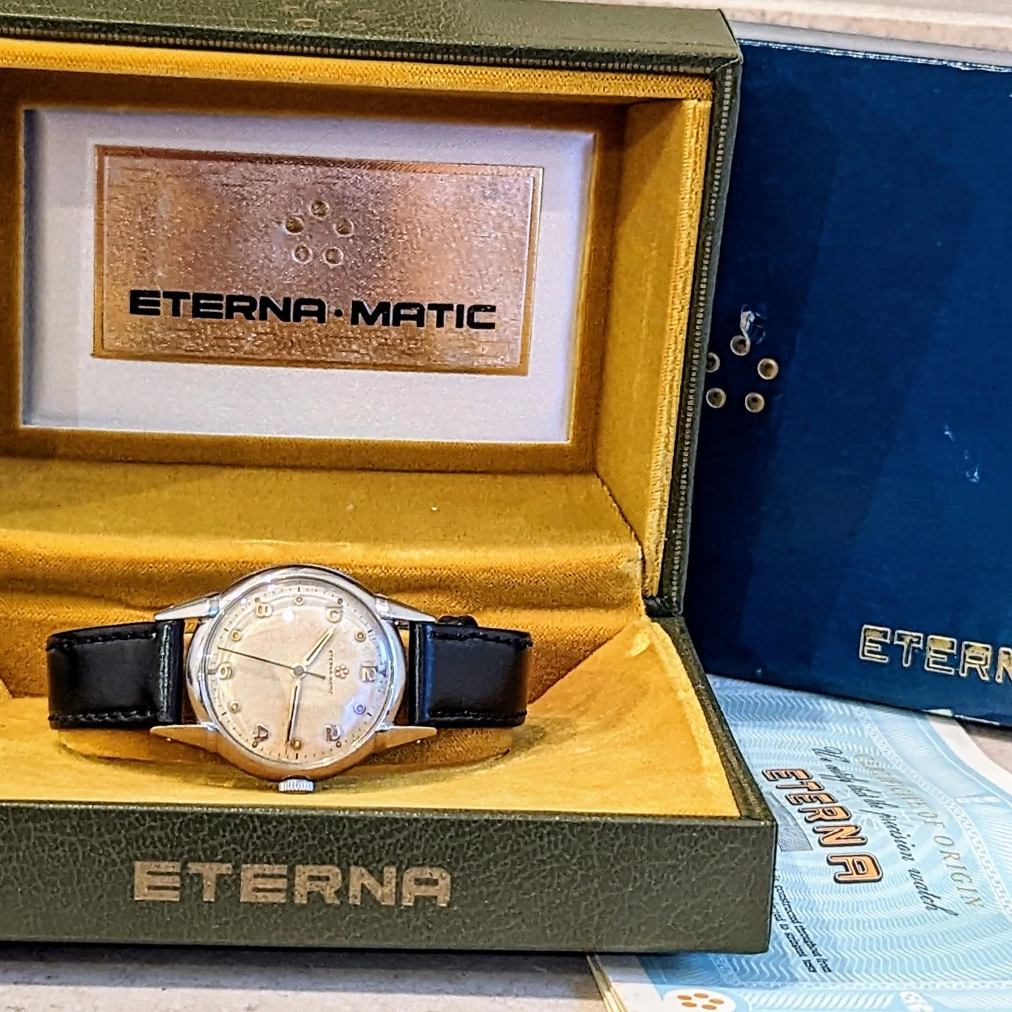 1950s ETERNA-MATIC Watch Vintage Automatic Wristwatch Fancy Lugs! - Box   Papers!