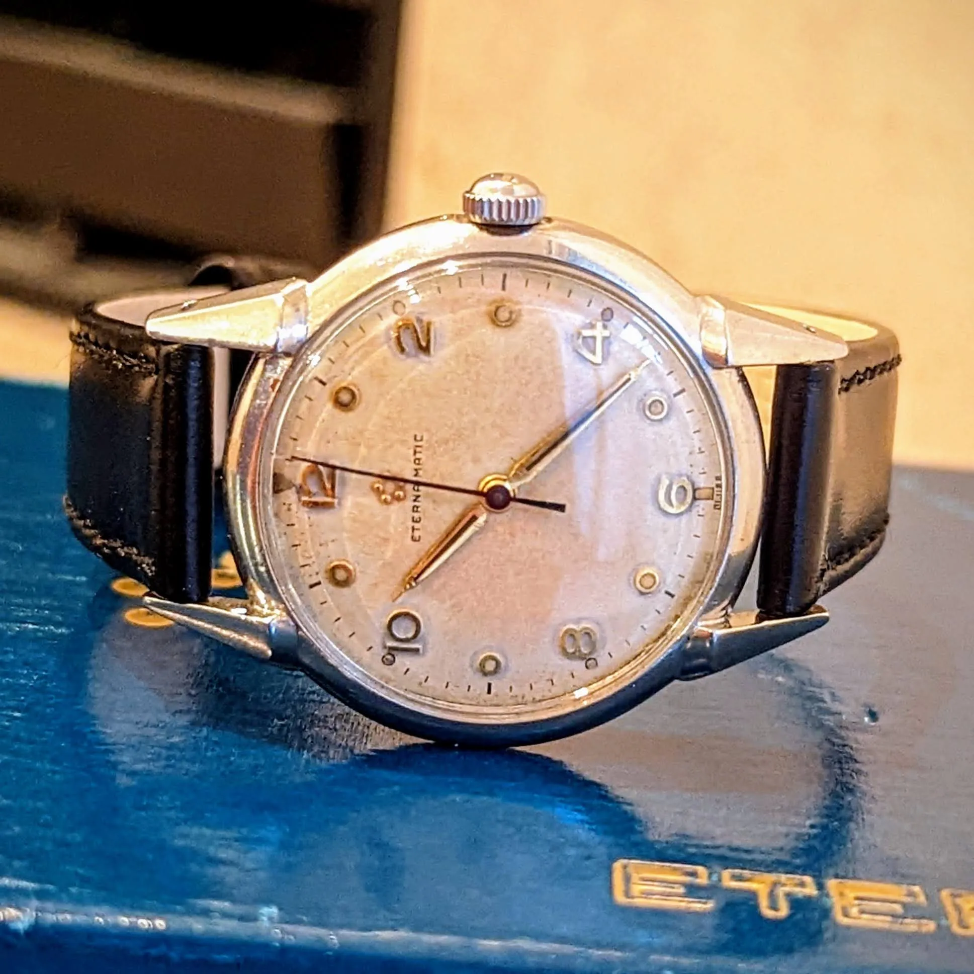 1950s ETERNA-MATIC Watch Vintage Automatic Wristwatch Fancy Lugs! - Box   Papers!