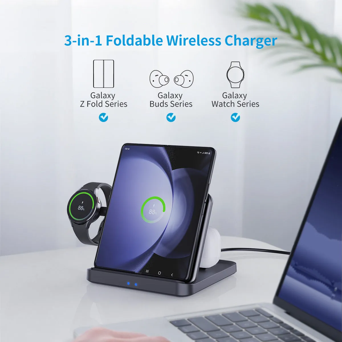 3-in-1 Foldable Wireless Charger for Samsung Fold6 Flip6 Smartphone Smart Watch Bluetooth Earbuds Desktop Stand