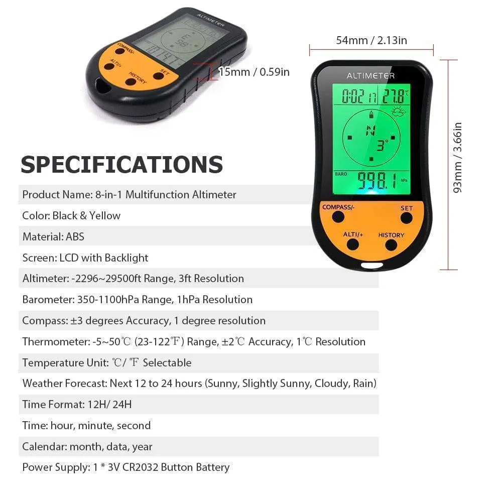 8-in-1 Digital Altimeter Barometer Compass Thermometer Weather Forecast