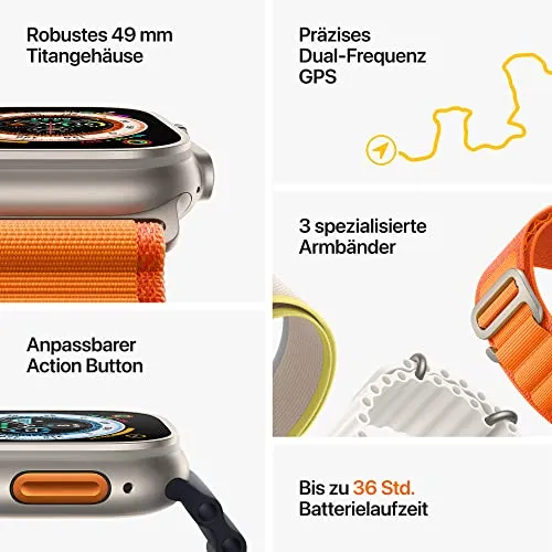 Apple Watch Ultra (GPS   Cellular, 49mm) Smartwatch - Titangehäuse, Alpine Loop Orange - Medium. Fitnesstracker, präzisesGPS, Aktionstaste, extra Lange Batterielaufzeit, helleres Retina Display