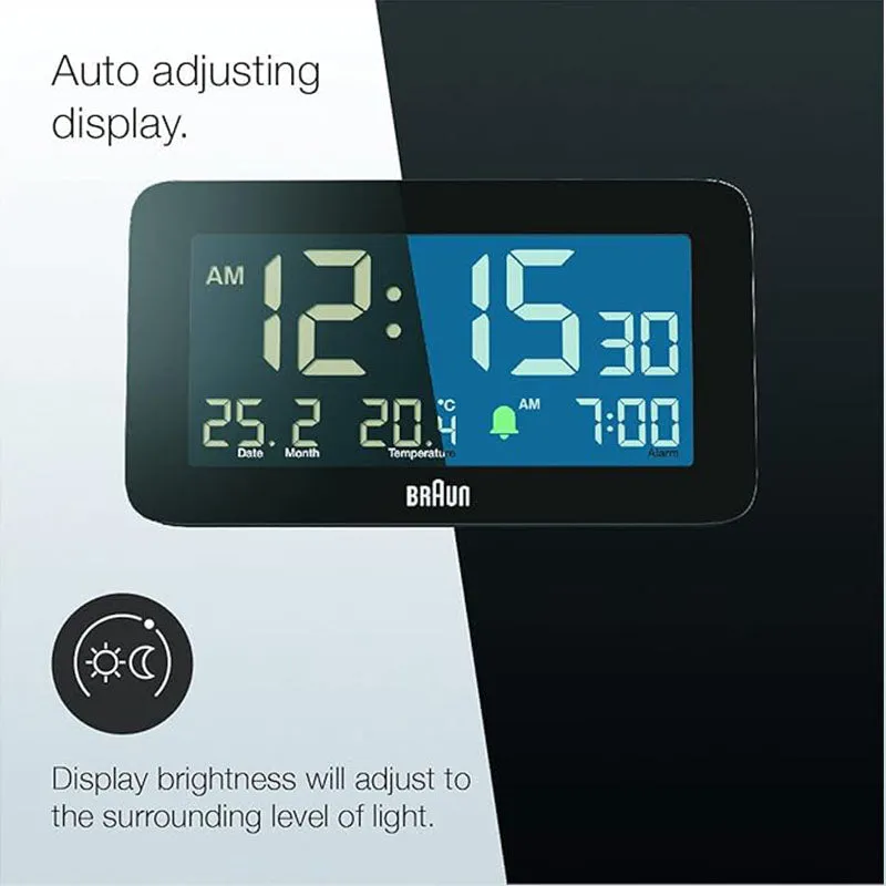 Braun Digital Clock with Date, Month and Temperature Displayed, Negative LCD Display- BC10B