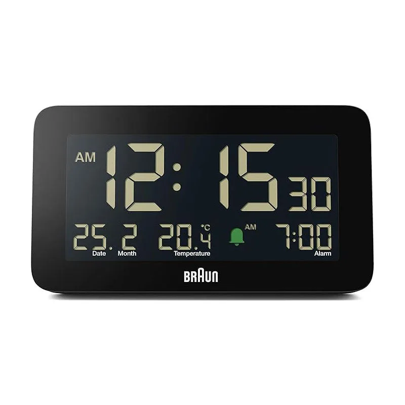 Braun Digital Clock with Date, Month and Temperature Displayed, Negative LCD Display- BC10B