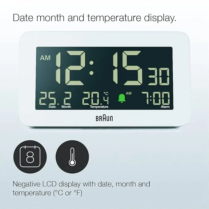 Braun Digital Clock with Date, Month and Temperature Displayed, Negative LCD Display - BC10W