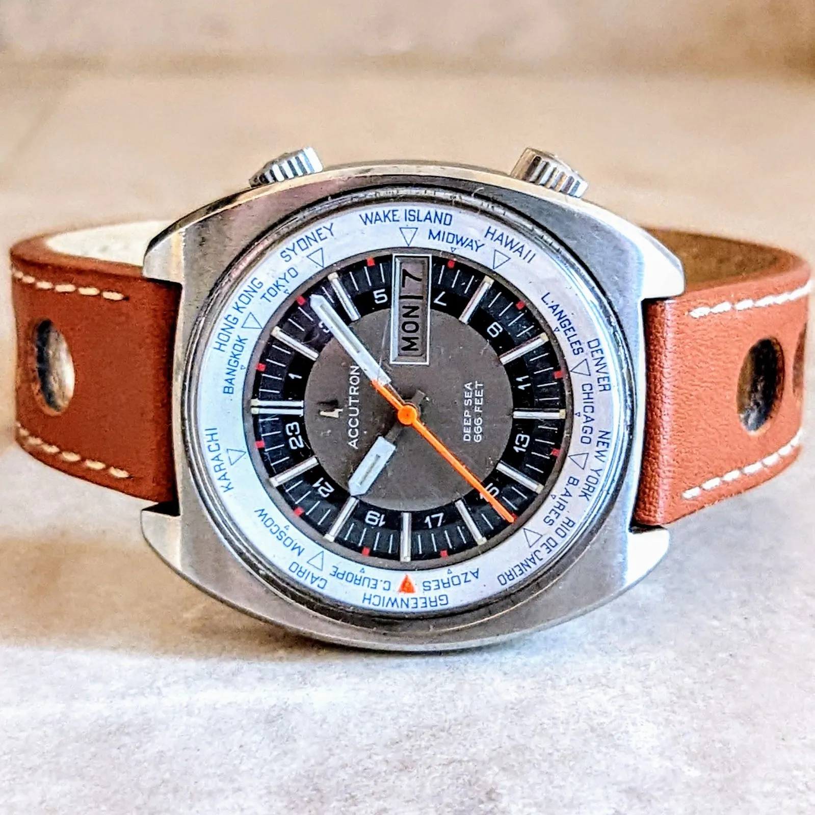 BULOVA Accutron Deep Sea World Timer Watch Vintage 1970 Wristwatch
