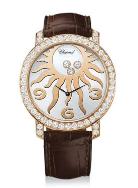 Chopard Happy Sun Diamond 18 kt Rose Gold Sun Brown Leather Ladies Watch 207470-5007
