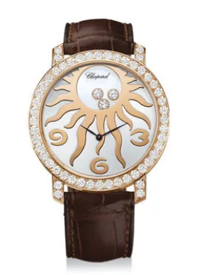 Chopard Happy Sun Diamond 18 kt Rose Gold Sun Brown Leather Ladies Watch 207470-5007