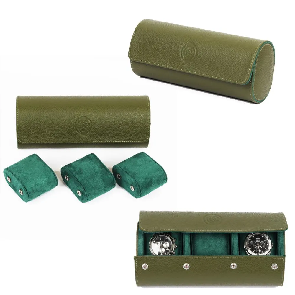 HQ Watch Care 3 Slots Watch Roll Travel Case Olive Green