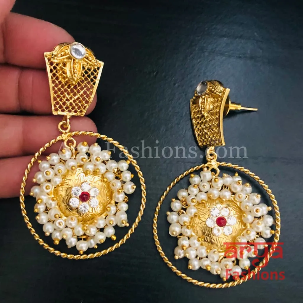 Mahi Matte Gold Designer Chandbali Pearl Earrings