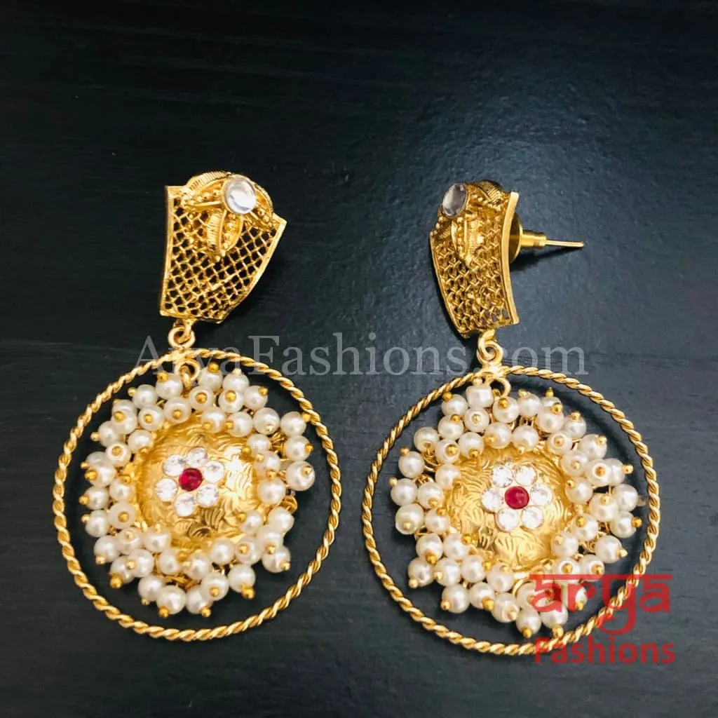 Mahi Matte Gold Designer Chandbali Pearl Earrings
