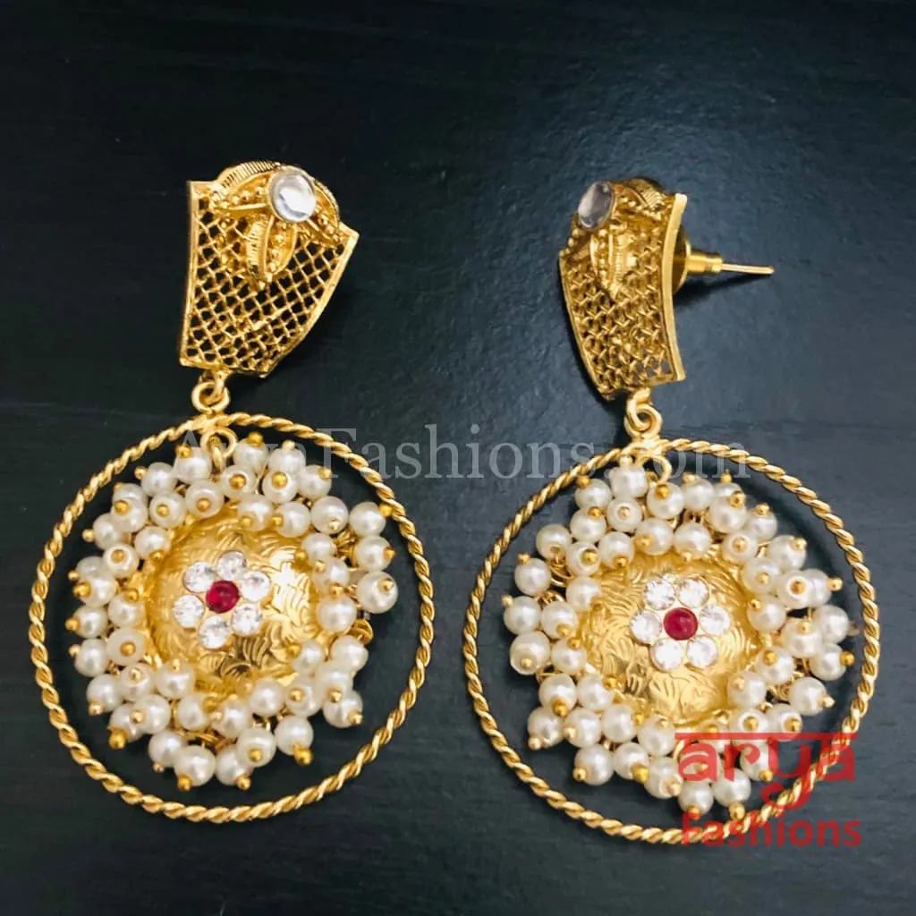 Mahi Matte Gold Designer Chandbali Pearl Earrings