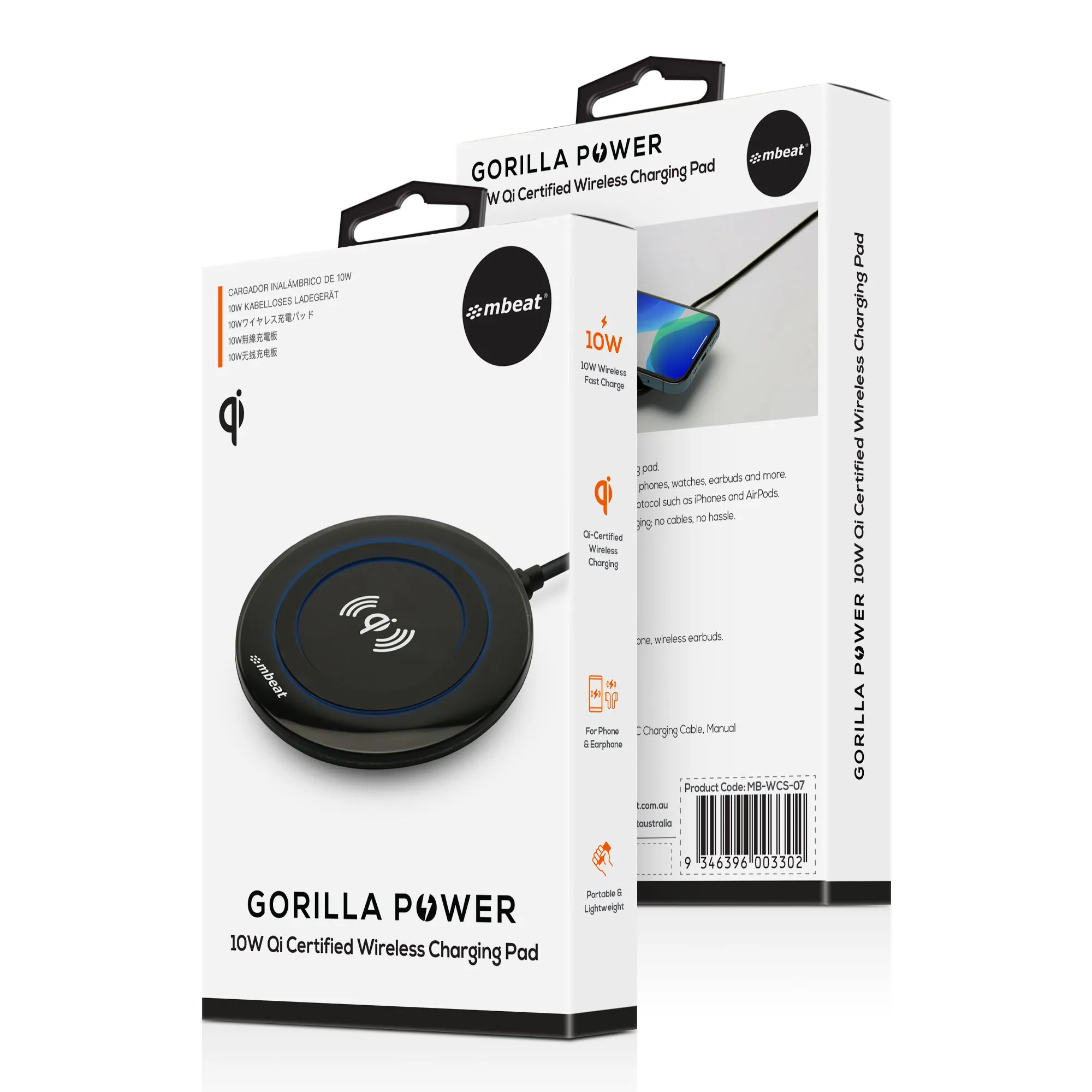 mbeat Gorilla Power 10W Qi Certified Wireless Charging Pad - Black