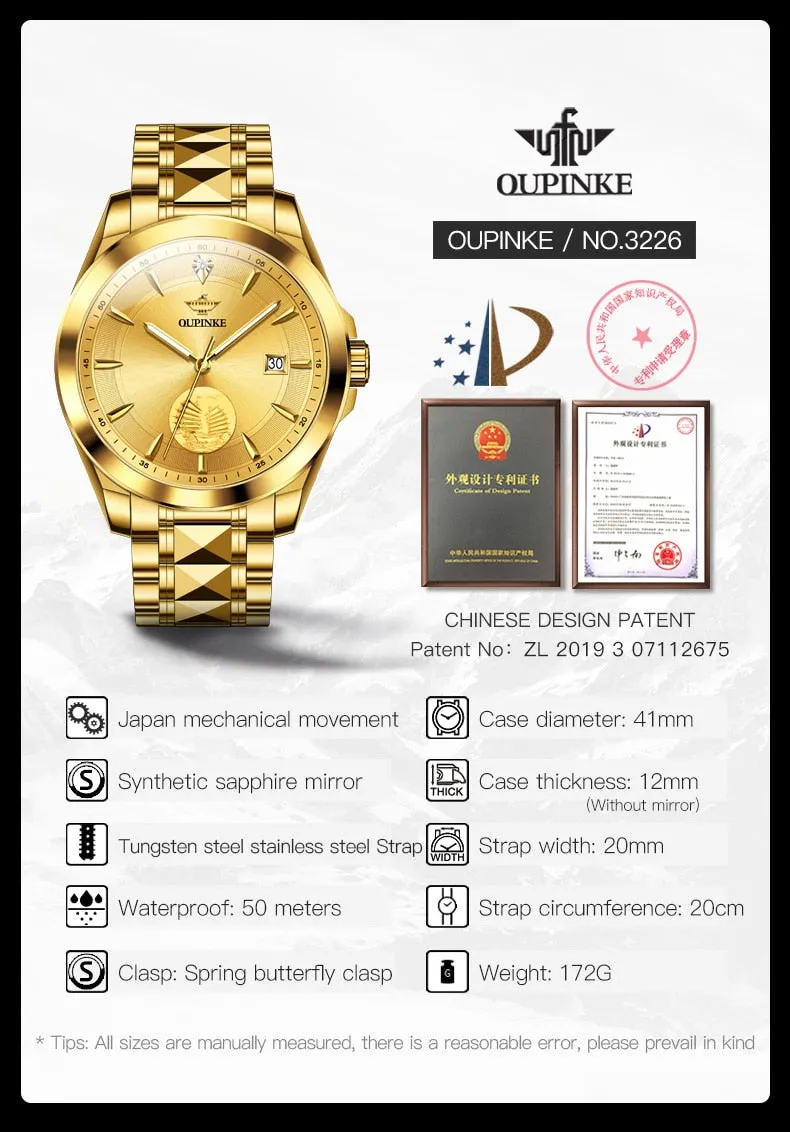 OUPINKE Original Luxury Automatic Watch for Men Luminous Waterproof Sapphire Gold Wristwatches Diving Watch Mechanical Watch