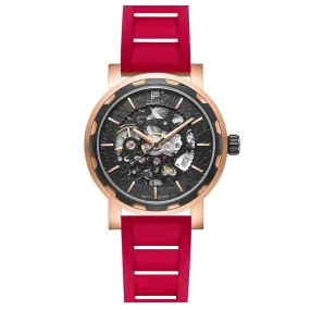 PUNCH Mens Watch, Rose Gold & Black Skeleton Automatic Watch - Red Rubber Strap