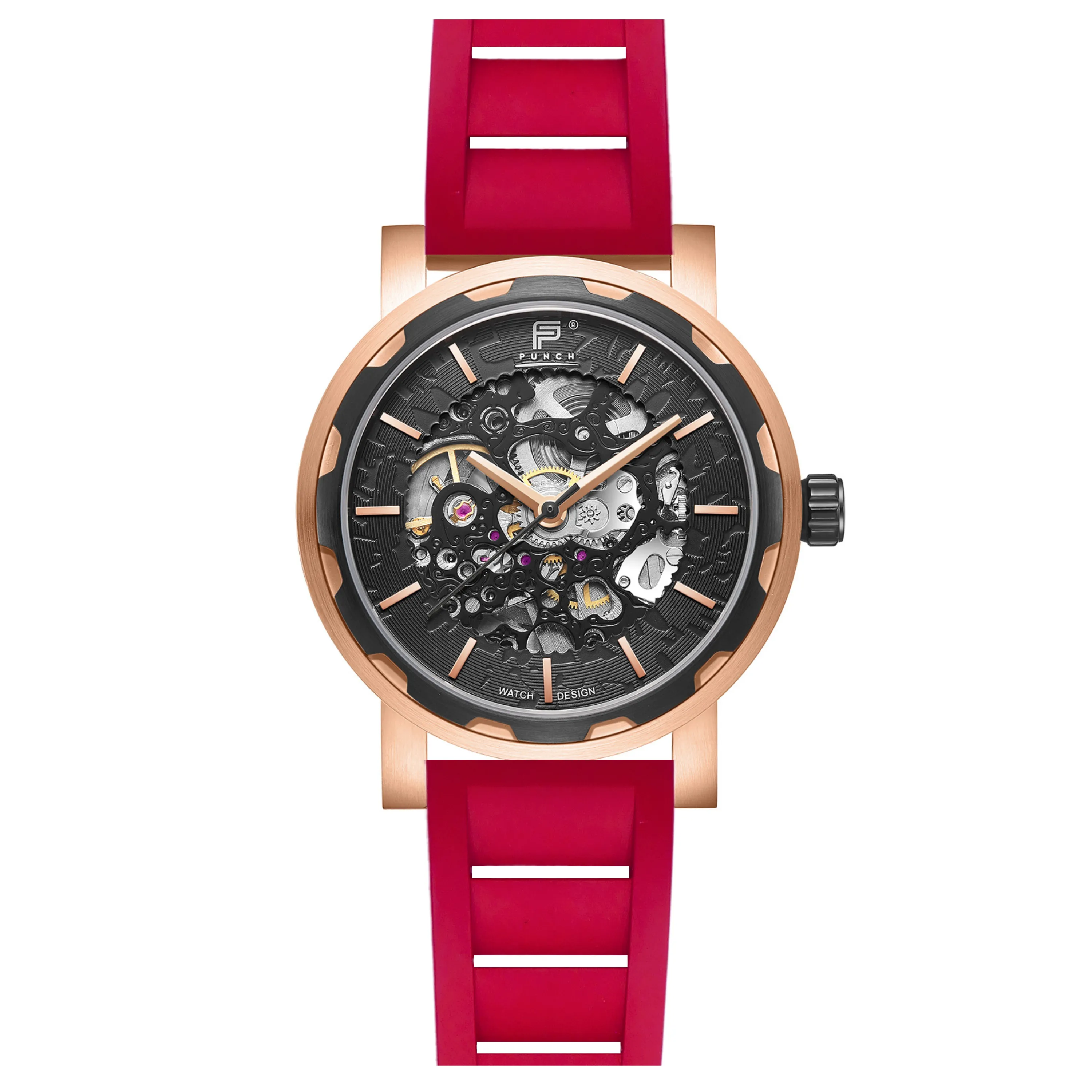 PUNCH Mens Watch, Rose Gold & Black Skeleton Automatic Watch - Red Rubber Strap