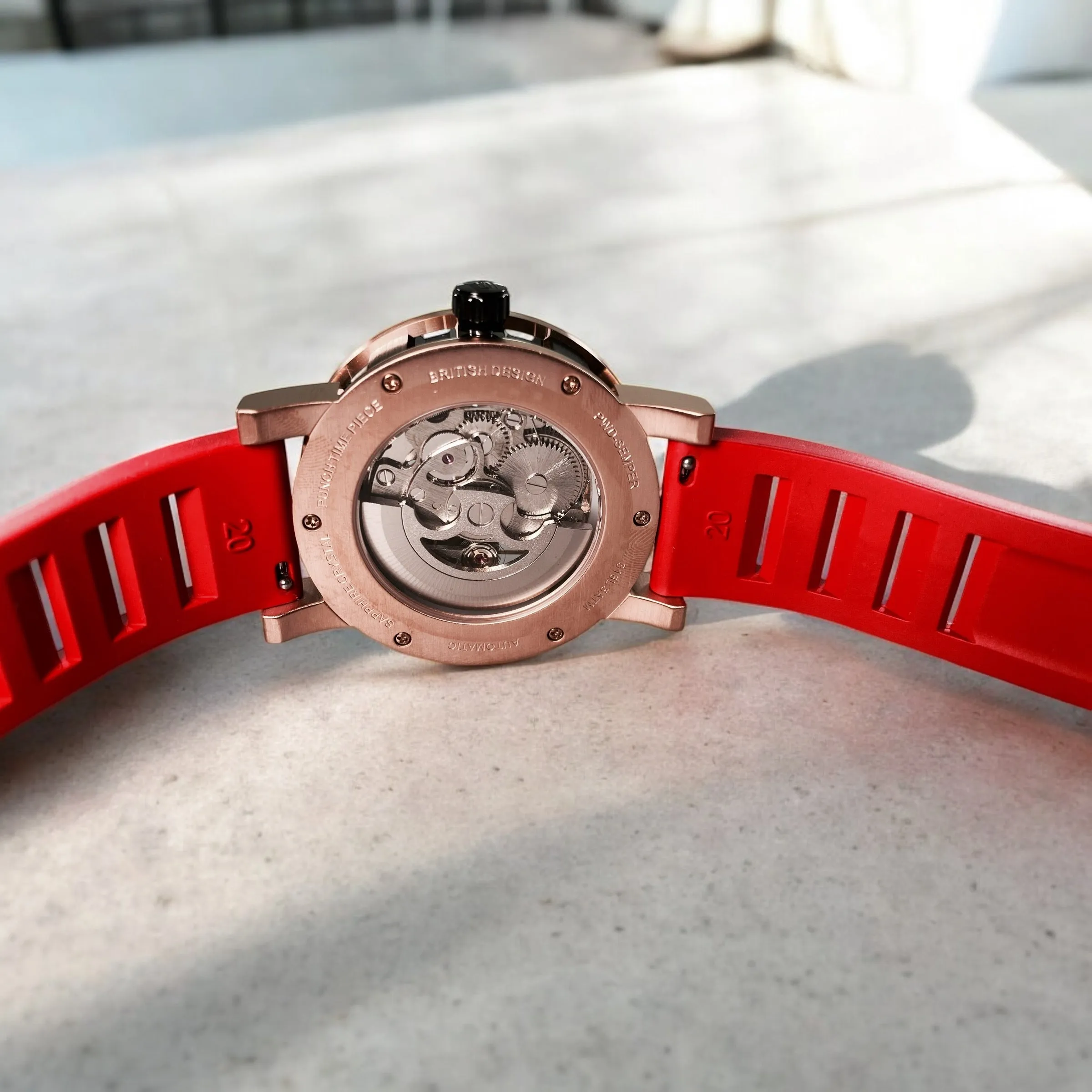 PUNCH Mens Watch, Rose Gold & Black Skeleton Automatic Watch - Red Rubber Strap