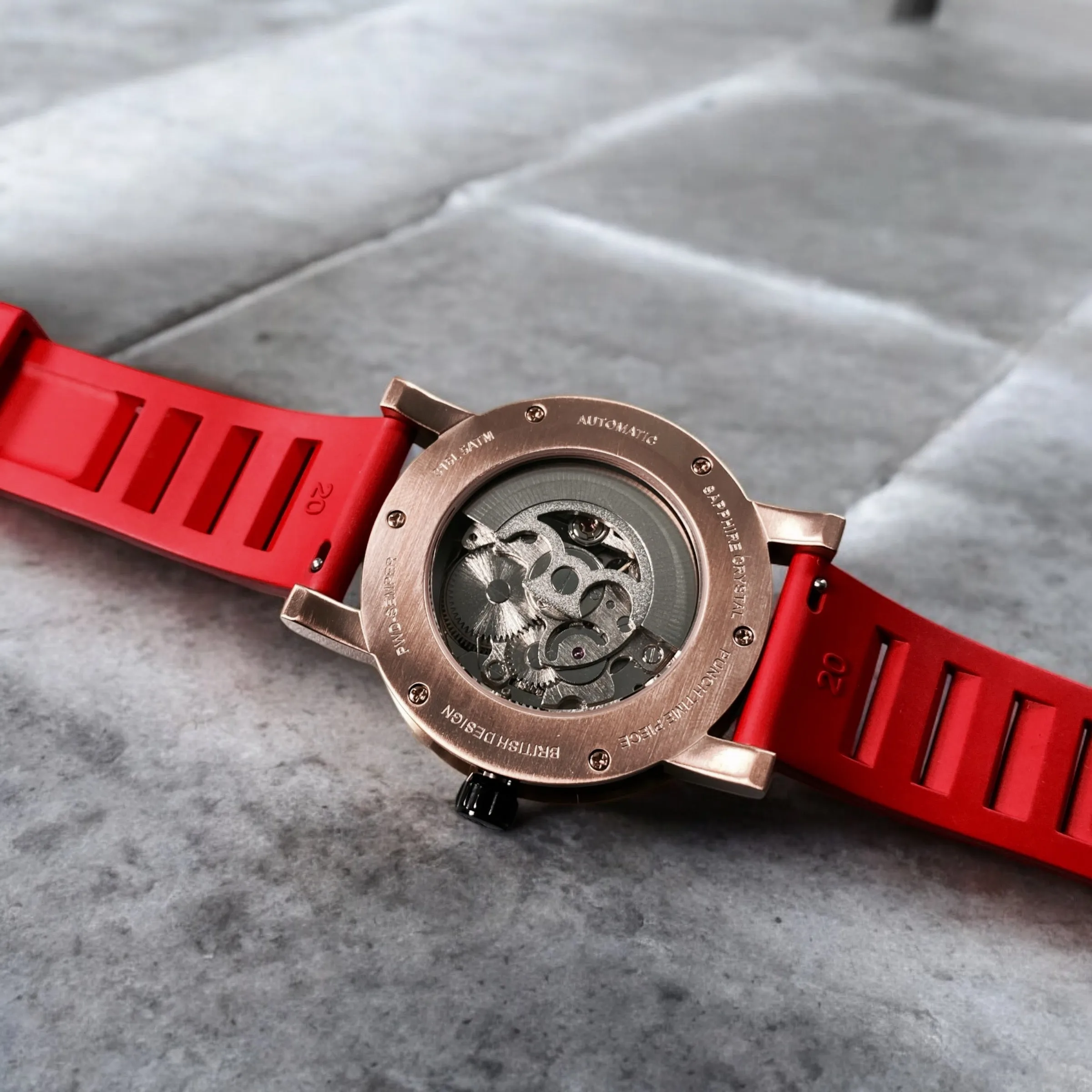 PUNCH Mens Watch, Rose Gold & Black Skeleton Automatic Watch - Red Rubber Strap