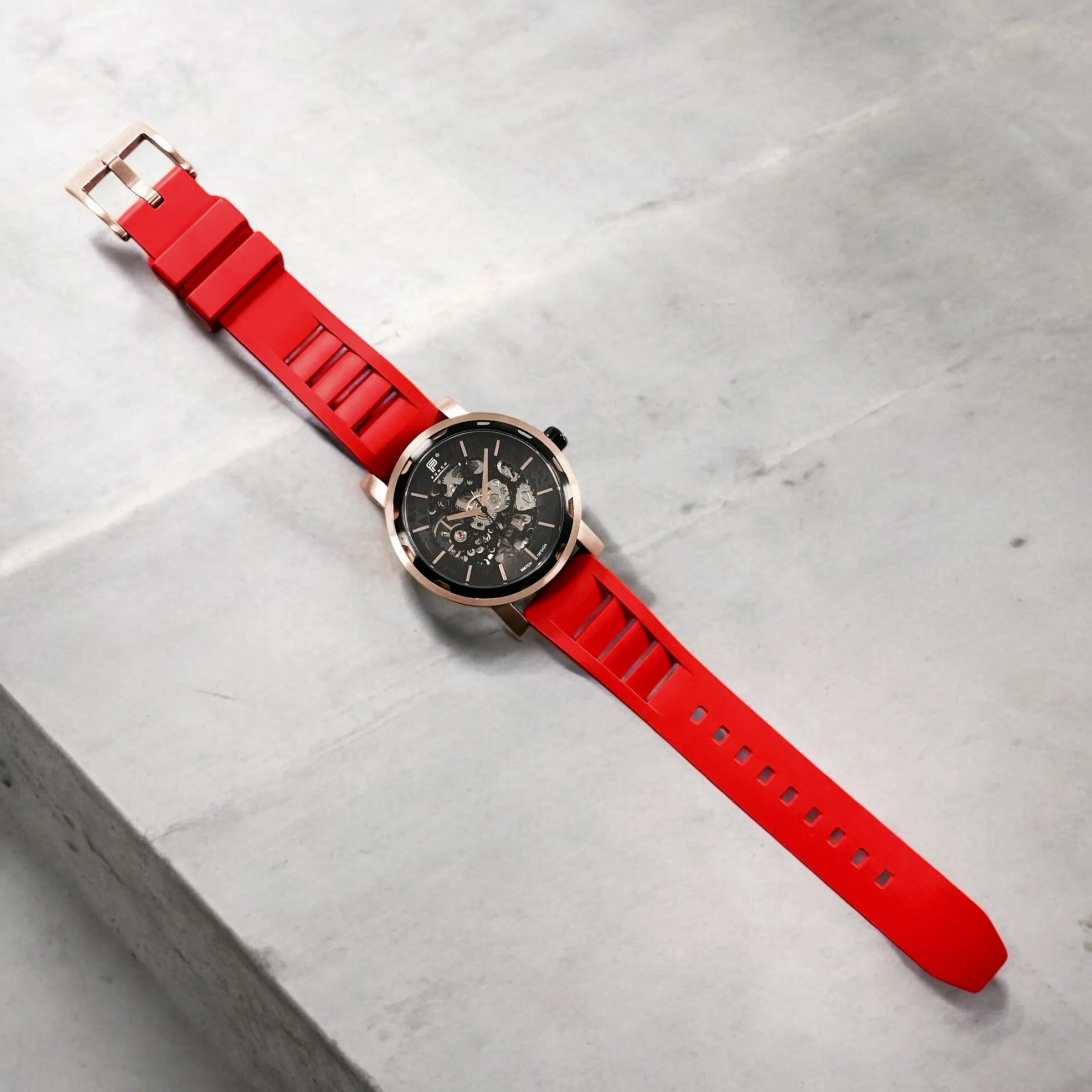 PUNCH Mens Watch, Rose Gold & Black Skeleton Automatic Watch - Red Rubber Strap