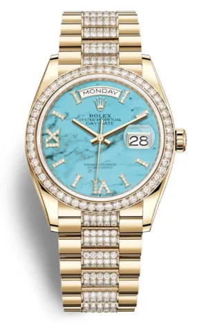 Rolex Day-Date 36 Turquoise Dial Automatic 18kt Yellow Gold Diamond Set President Watch 128348TQRSDP 128348TQRSDDP