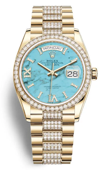 Rolex Day-Date 36 Turquoise Dial Automatic 18kt Yellow Gold Diamond Set President Watch 128348TQRSDP 128348TQRSDDP