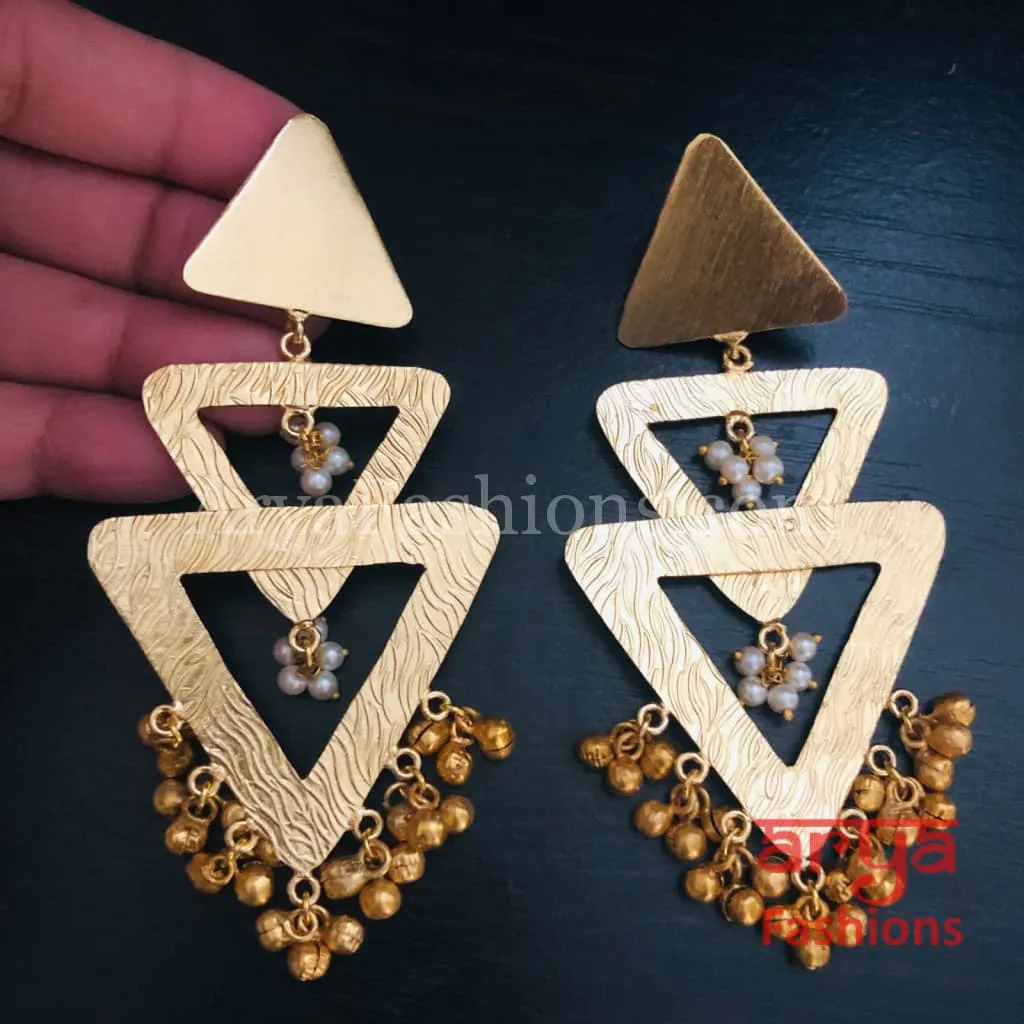 Rumi Golden Fusion Indian Earrings with Pearl and Ghungroo beads