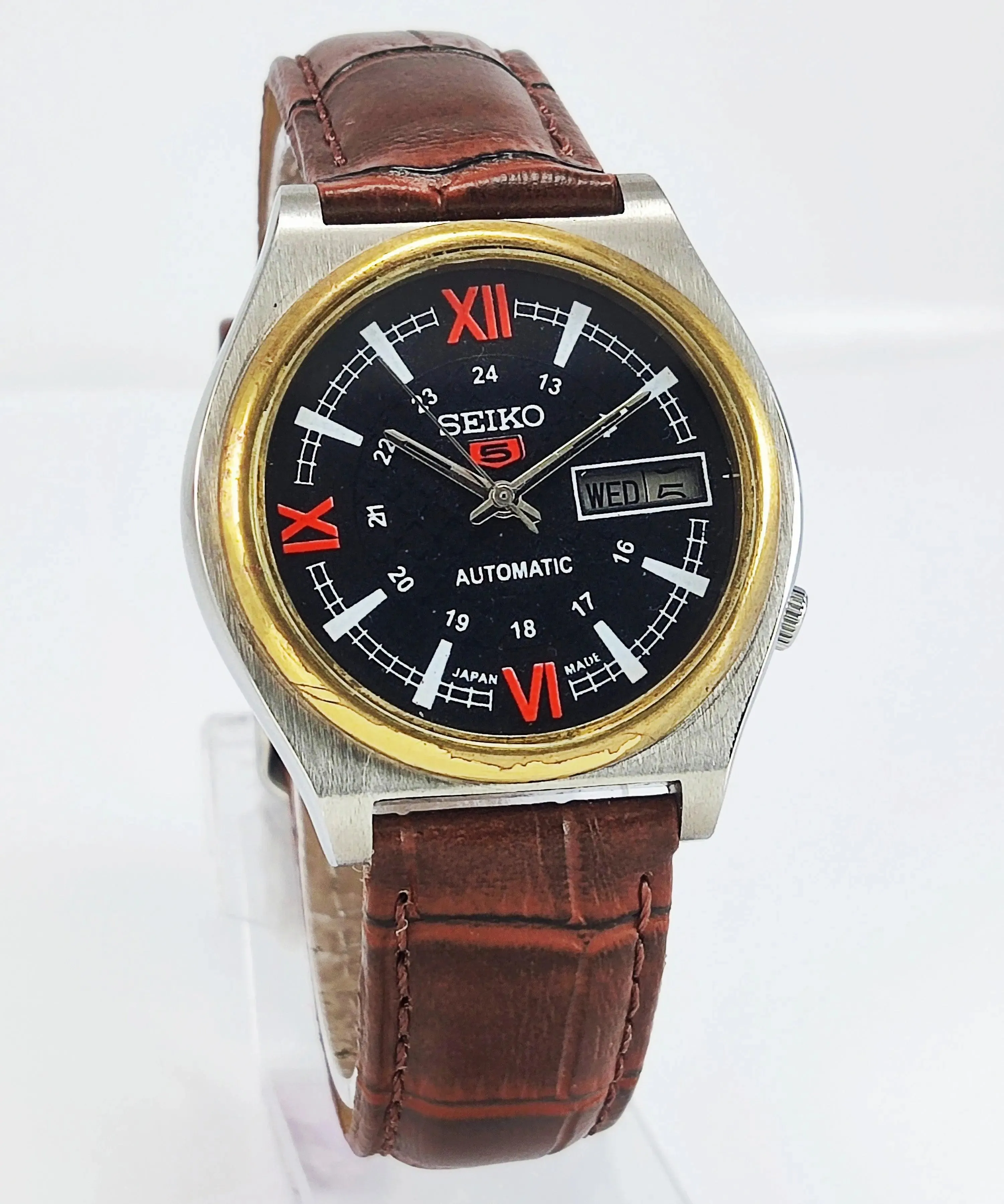 Seiko 5 Automatic-7009A Analog 17 Jewels Day Date Black Dial Men's Wrist Mechanical Watch