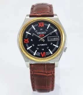 Seiko 5 Automatic-7009A Analog 17 Jewels Day Date Black Dial Men's Wrist Mechanical Watch