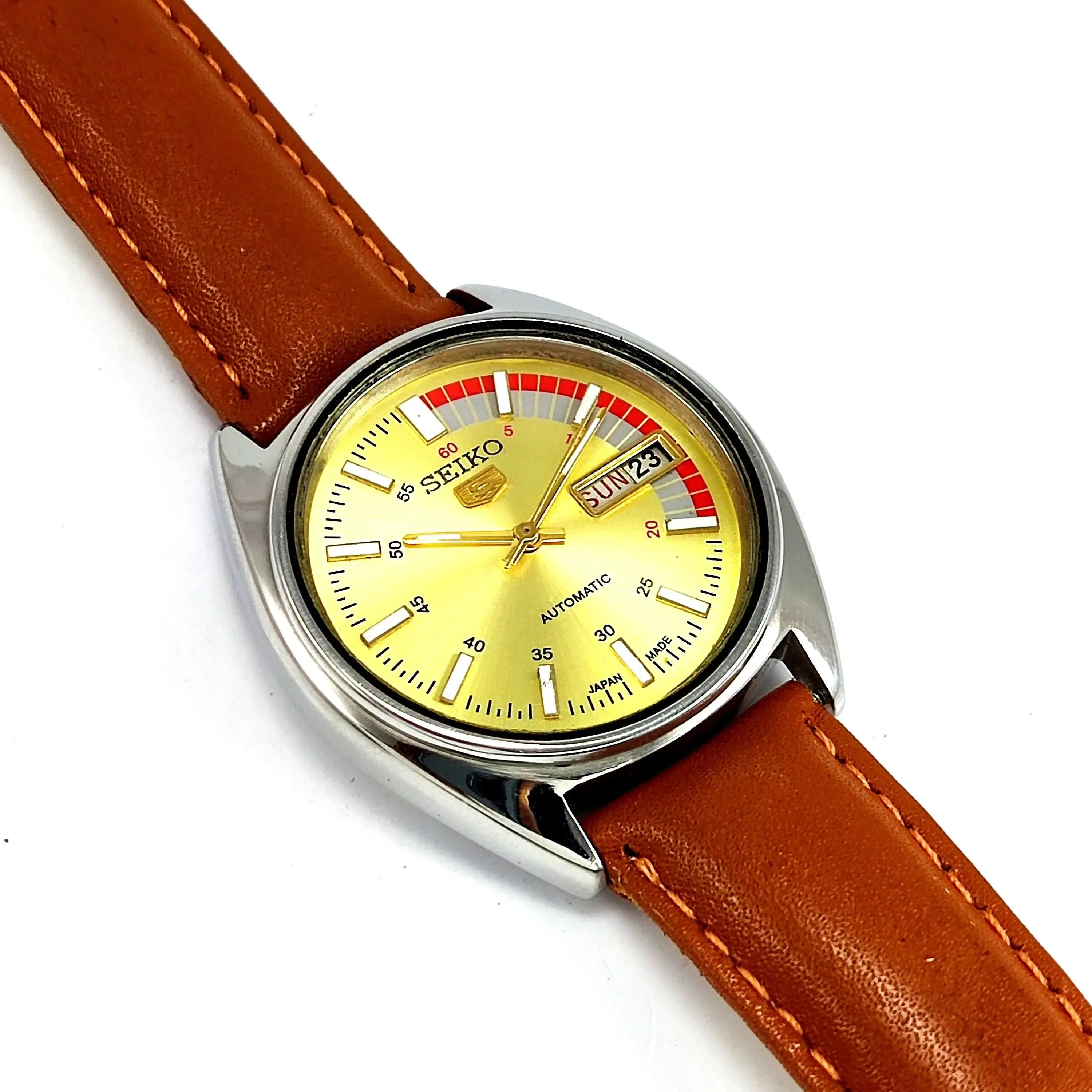 Seiko 5 Mechanical Automatic-6309A Golden Dial 17 Jewels Day Date Men's Wrist Watch