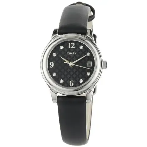 Timex Women's T2N450 Elevated Classics Swarovski Crystals Black Leather Strap Watch