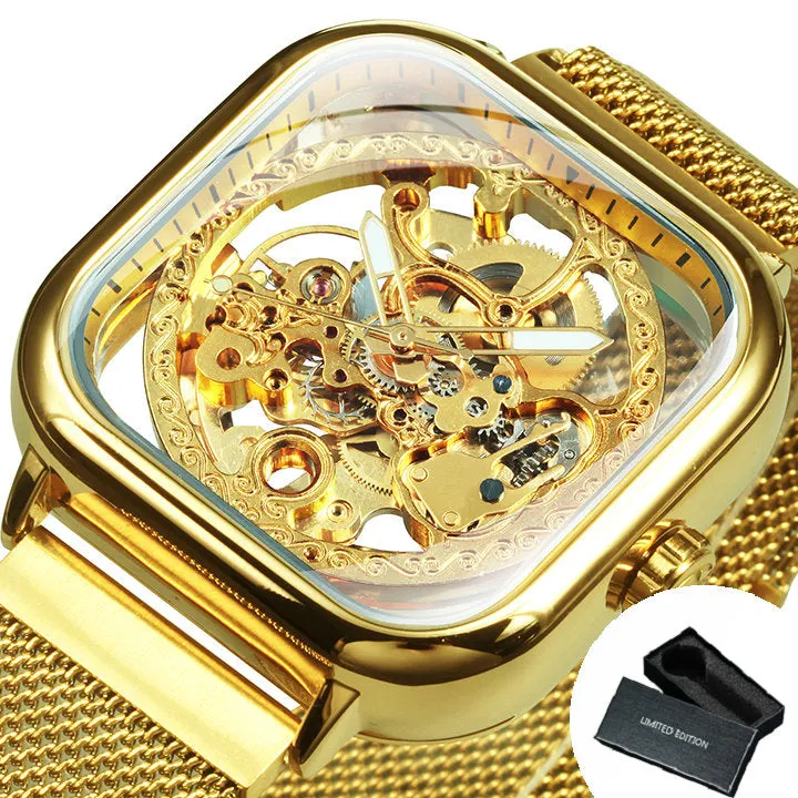 Vintage Gold Square Skeleton Automatic Mechanical Watch Engraving Movement Unisex Winding Watches for Men Stainless Steel Strap Forsining