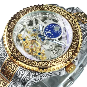 WINNER Automatic Mechanical Tourbillion Watch Moon Phase Carved Case Skeleton Dial Stainless Steel Strap 525